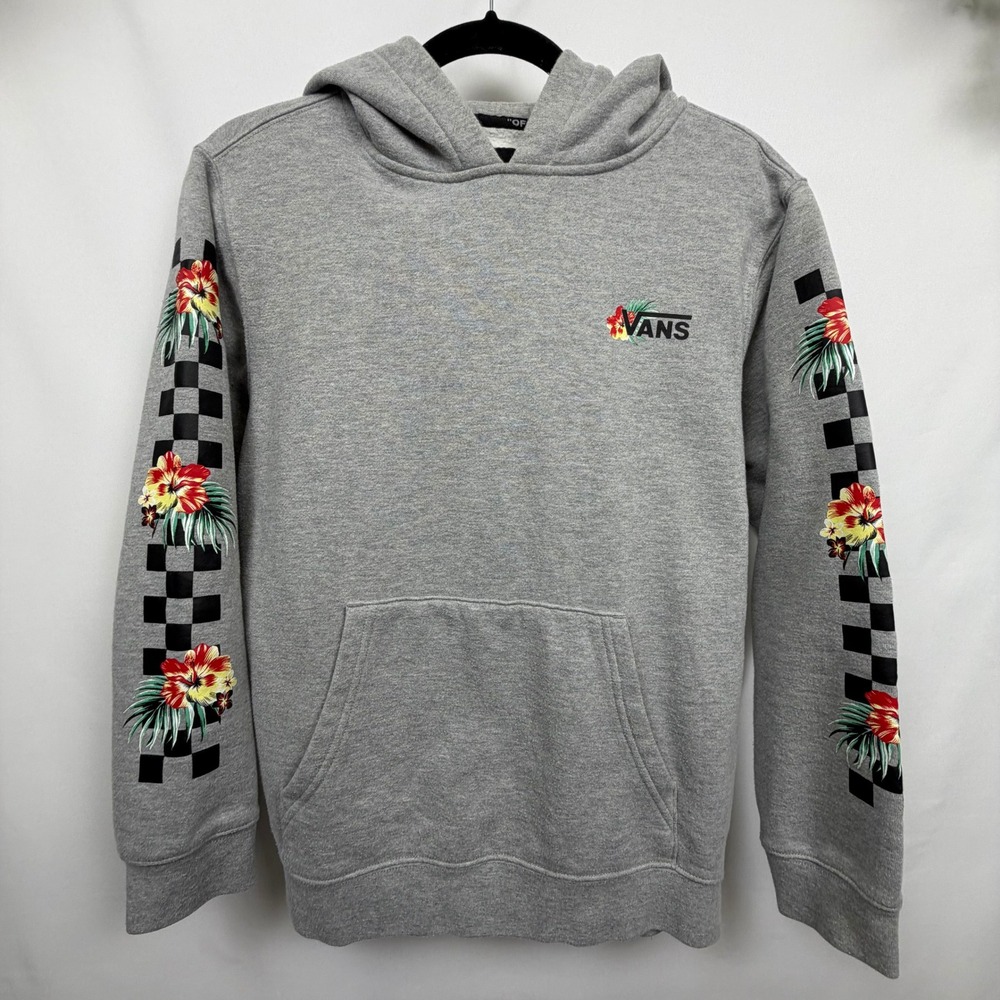 Vans Off The Wall Mens Large Gray Floral Checkerboard Sleeve Pullover Hoodie